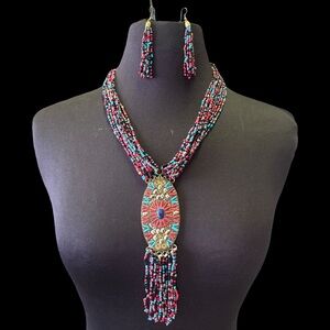 Boho Beaded Statement Necklace & Earring Set – Turquoise & Red – Fringe Pendant